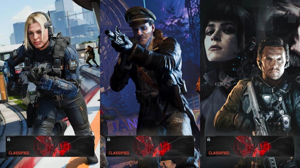 Three elite soldiers stand in front of classified challenge banners in Black Ops 7