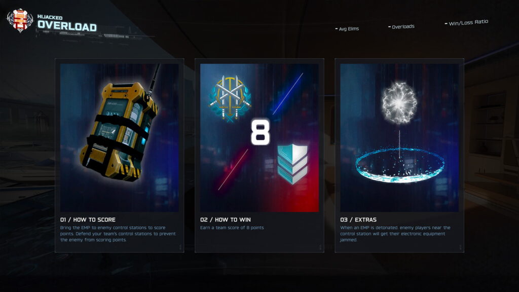 Instruction panels explaining scoring, win conditions, and EMP effects in Call of Duty: Black Ops 7 Overload mode