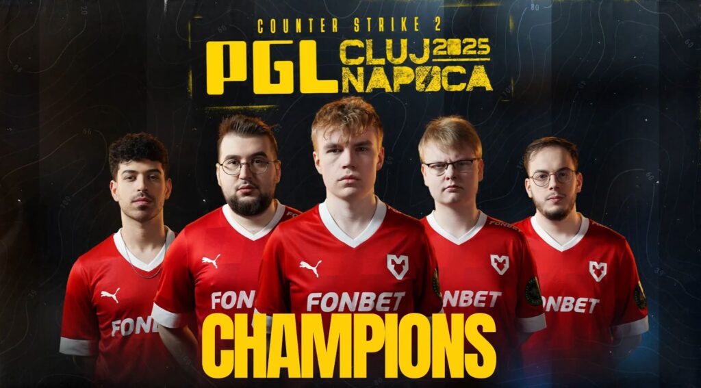 MOUZ players pose as champions of PGL Cluj-Napoca 2025