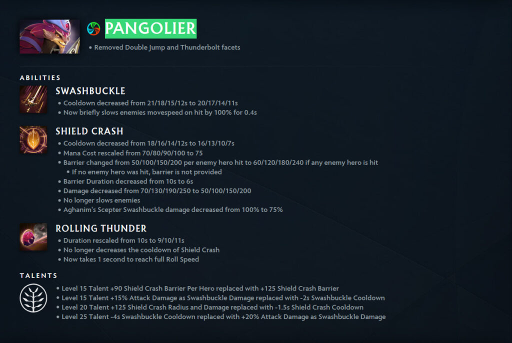Pangolier ability and talent changes are outlined in the Dota 2 Patch 7.40 update