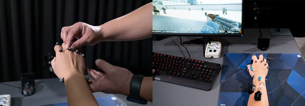 ZOWIE sports science lab testing hand movement and muscle data during Counter-Strike 2 gameplay analysis