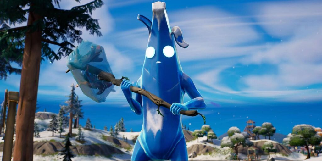 Polar Peely skin holding an icy pickaxe while exploring a snowy area in Fortnite