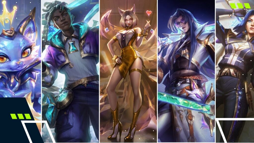 Collection of League of Legends Prestige skins featuring multiple champions with gold-accented outfits, premium visual upgrades, and Mythic-tier cosmetics