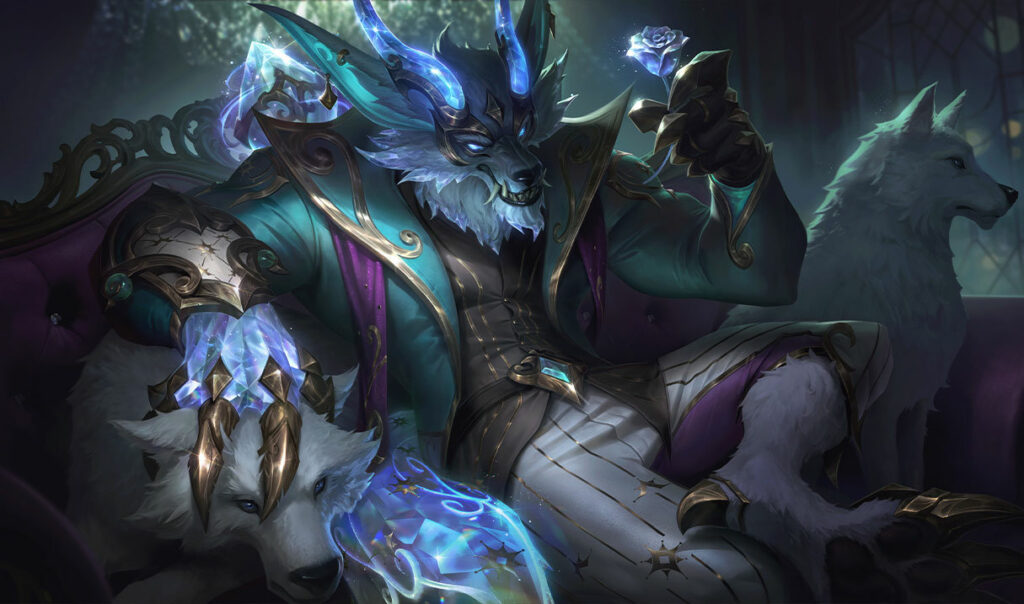 Winterblessed Warwick appears in League of Legends as an icy, regal werewolf surrounded by spectral wolves and winter magic