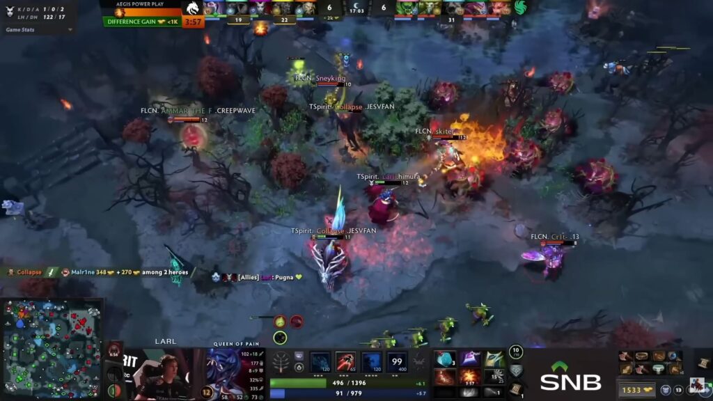 A chaotic Dota 2 teamfight during a professional match with multiple heroes clashing near the river