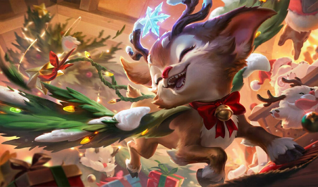 Snow Fawn Poppy from League of Legends charges joyfully through a festive workshop, wielding a Christmas tree hammer adorned with lights as gifts and Poros scatter in a warm holiday glow