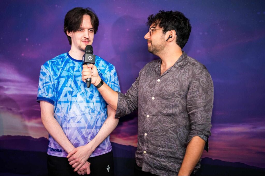 Remco "Crystallis" Arets giving a post-match interview at a professional Dota 2 event