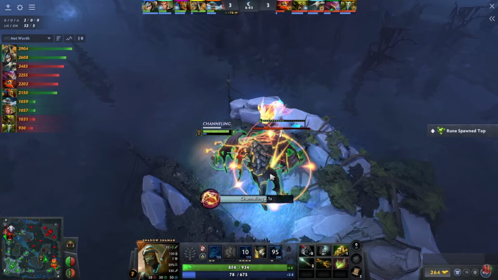 A Shadow Shaman channels abilities while fighting Roshan in a Dota 2 match