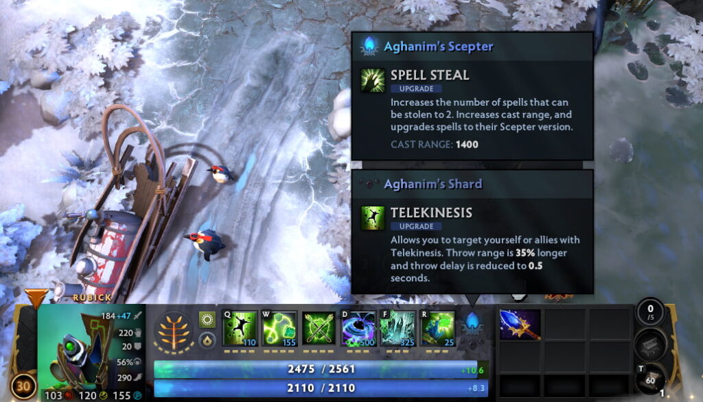 A Dota 2 screenshot showing Rubick’s Aghanim’s Scepter upgrade that allows him to steal and use two spells at once