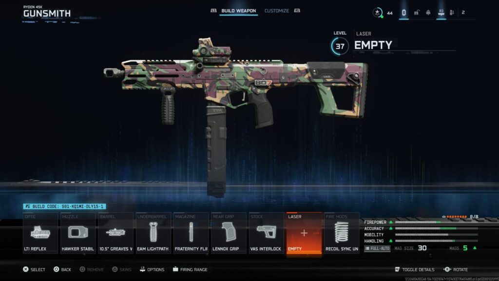 A camo painted Ryden 45K is displayed with upgraded attachments in Black Ops 7