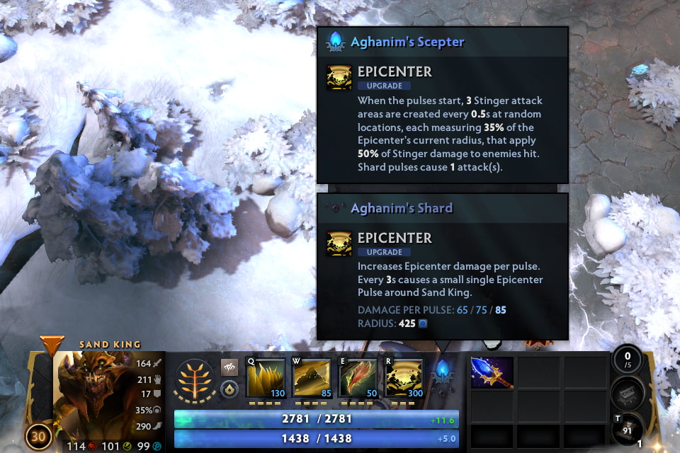 A Dota 2 screenshot showing Sand King’s Aghanim’s Scepter upgrade that adds Stinger attacks during Epicenter