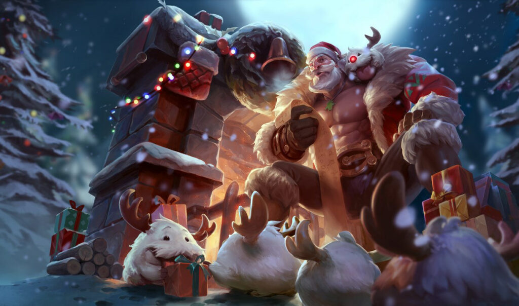 Santa Braum in League of Legends relaxes by a glowing fireplace, reading his gift list as festive Poros and wrapped presents gather around in a snowy holiday scene