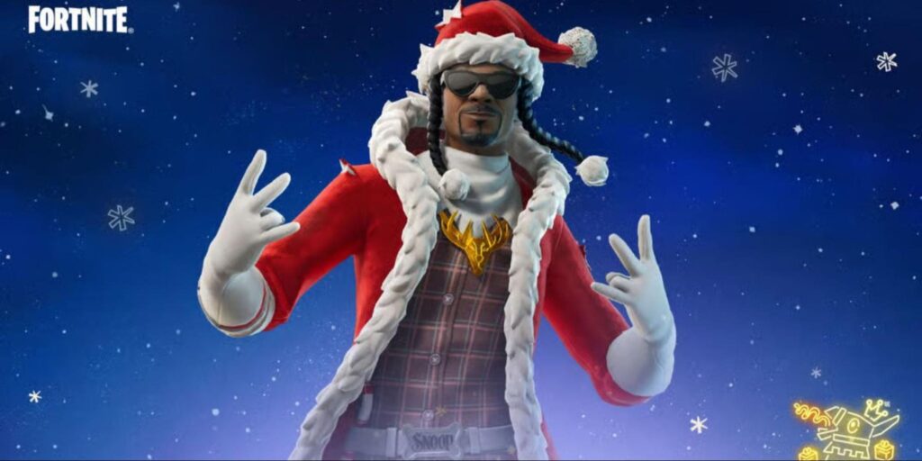 Santa Dogg skin posing in a festive outfit during a holiday event in Fortnite