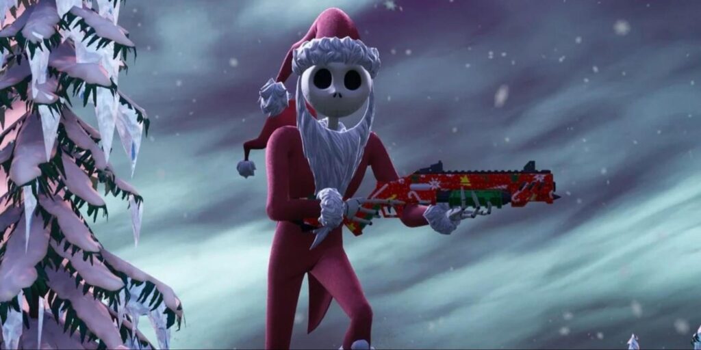 Santa Jack Skellington skin holding a festive weapon during a snowy match in Fortnite