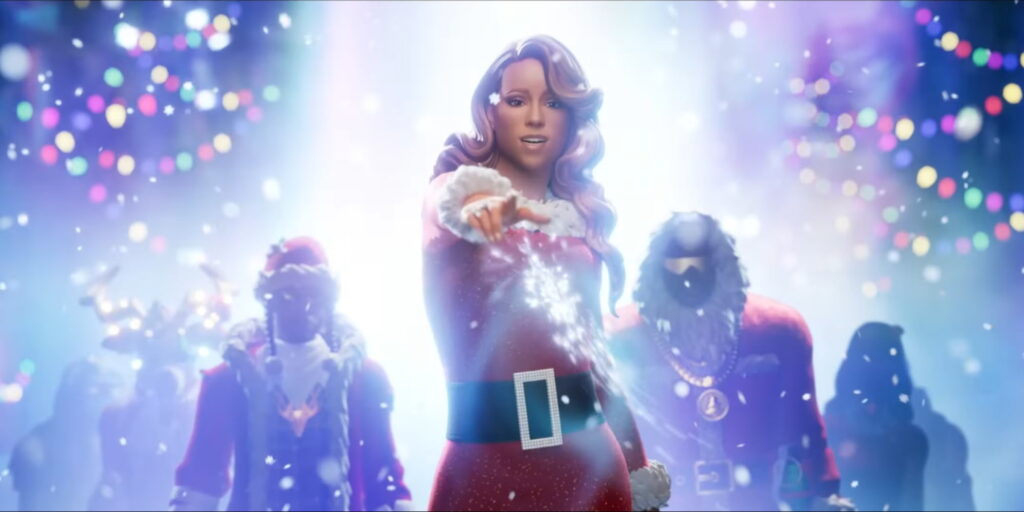Santa Suit Mariah skin performing a festive emote during a holiday event in Fortnite