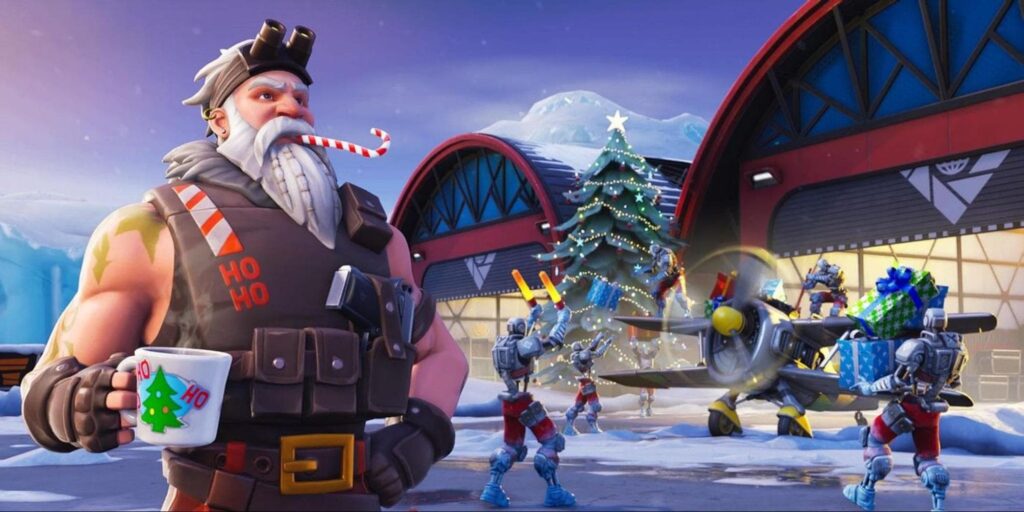 Sgt. Winter skin standing in a festive military base scene during a holiday event in Fortnite