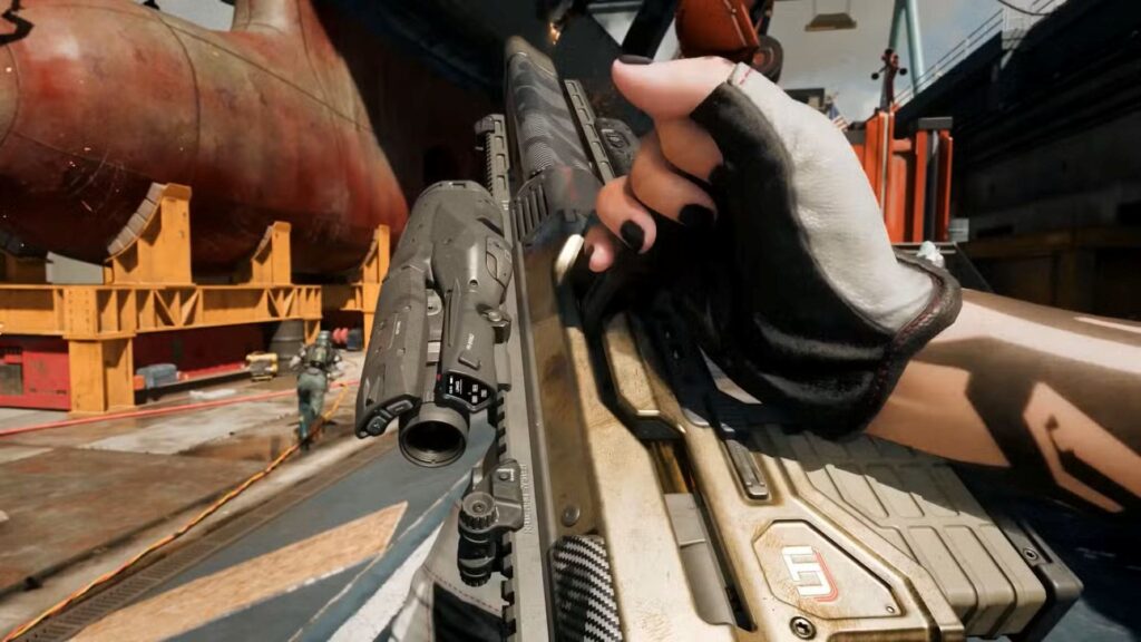 Inspecting the Shadow SK sniper rifle during gameplay in Call of Duty: Black Ops 7