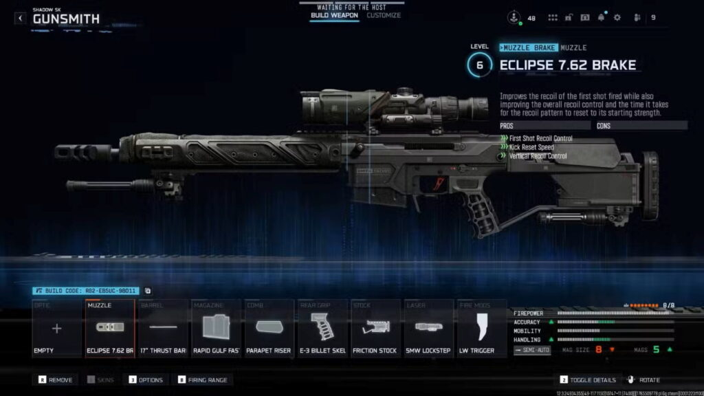 A Shadow SK sniper rifle build in Call of Duty: Black Ops 7 showing the Gunsmith attachment setup