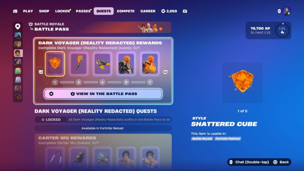 Shattered Cube reward shown in the Fortnite quest menu