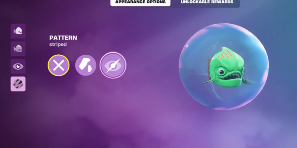 The customization menu showing a bubble fish Sidekick pattern selection in Fortnite