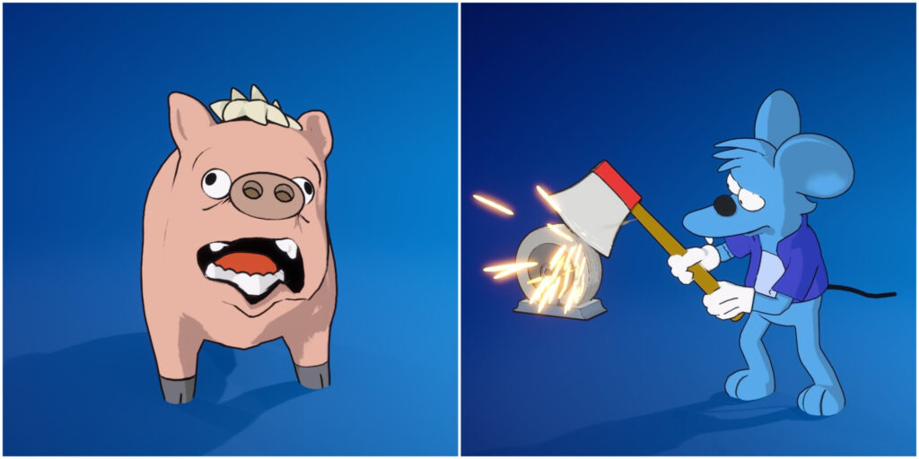 Two Simpsons-themed Sidekicks—a frightened pig and a mouse sharpening an axe in Fortnite