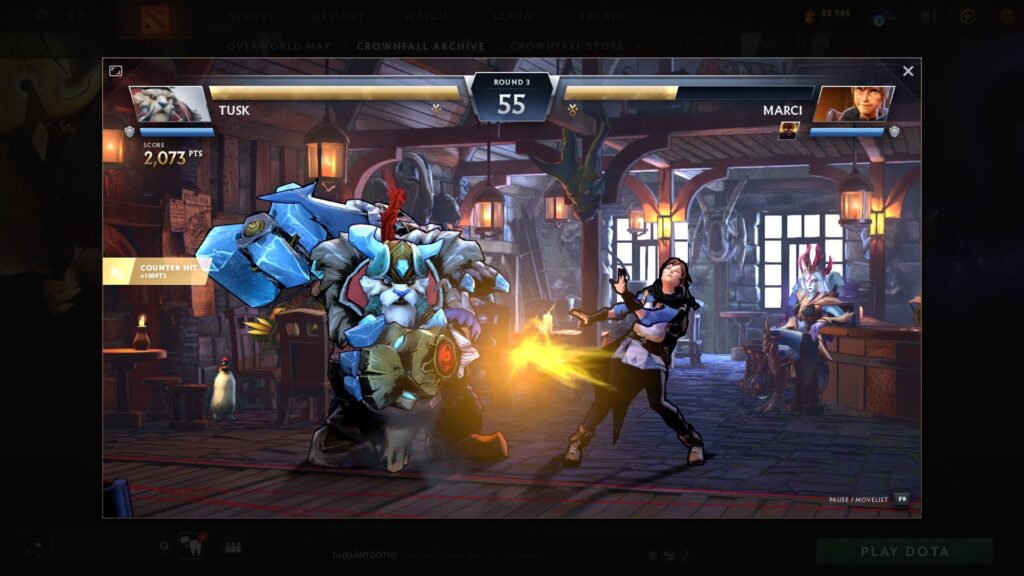 A Sleet Fighter duel in Dota 2 where Tusk trades blows with Marci inside a tavern arena
