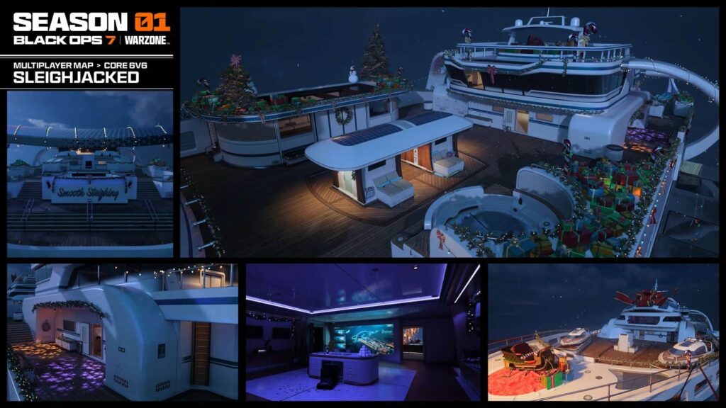 Festive holiday-themed yacht environment from the Sleighjacked multiplayer map in Call of Duty: Black Ops 7