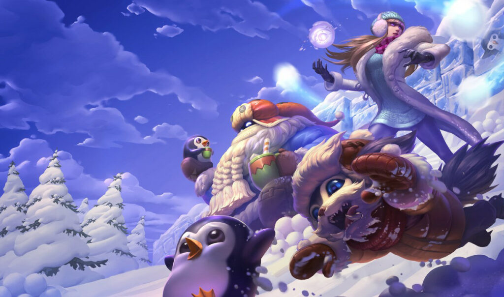 Snow Day Bard in League of Legends slides through the snow with penguin companions in a playful winter scene