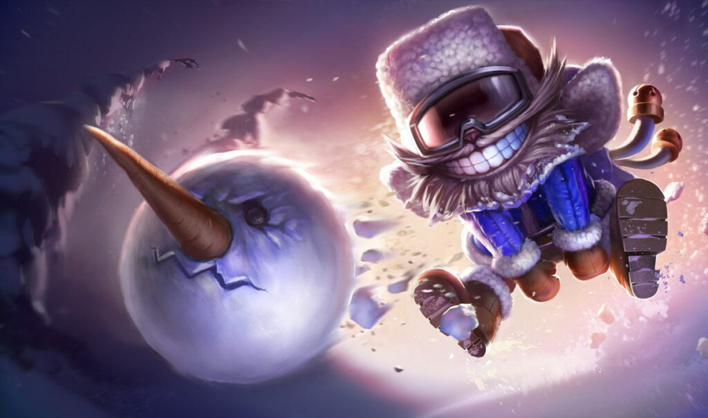 Snow Day Gnar from League of Legends barrels downhill on a snowboard, grinning behind ski goggles as he kicks a massive rolling snowball with a carrot nose through a snowy winter landscape