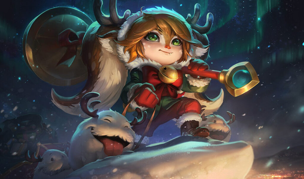 Snow Fawn Poppy in League of Legends charges through the snow with antlers, bells, and festive winter charm