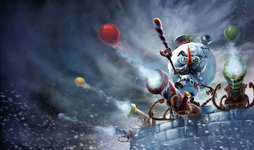 Snowmerdinger in League of Legends launches festive snowball projectiles from icy turrets amid a snowy battlefield