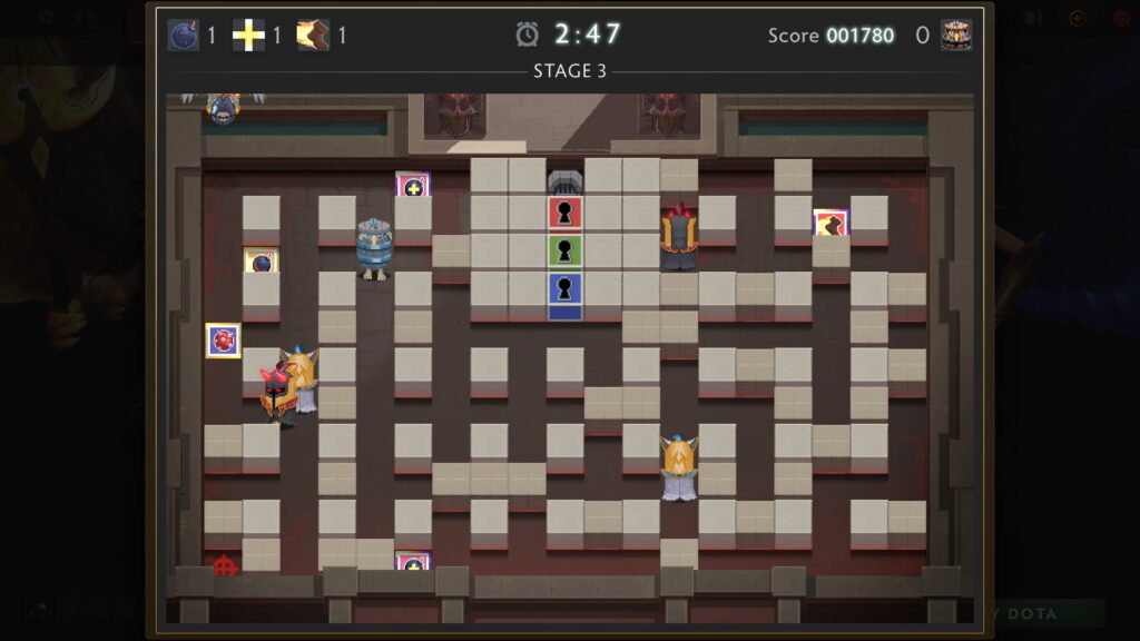 A Spoon Man puzzle maze from Dota 2 where players navigate corridors, enemies, and interactive tiles