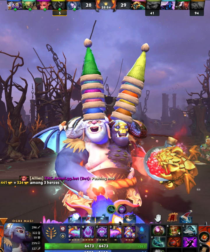 Ogre Magi wearing an absurd tower of Frostivus hats while fighting in a Dota 2 match