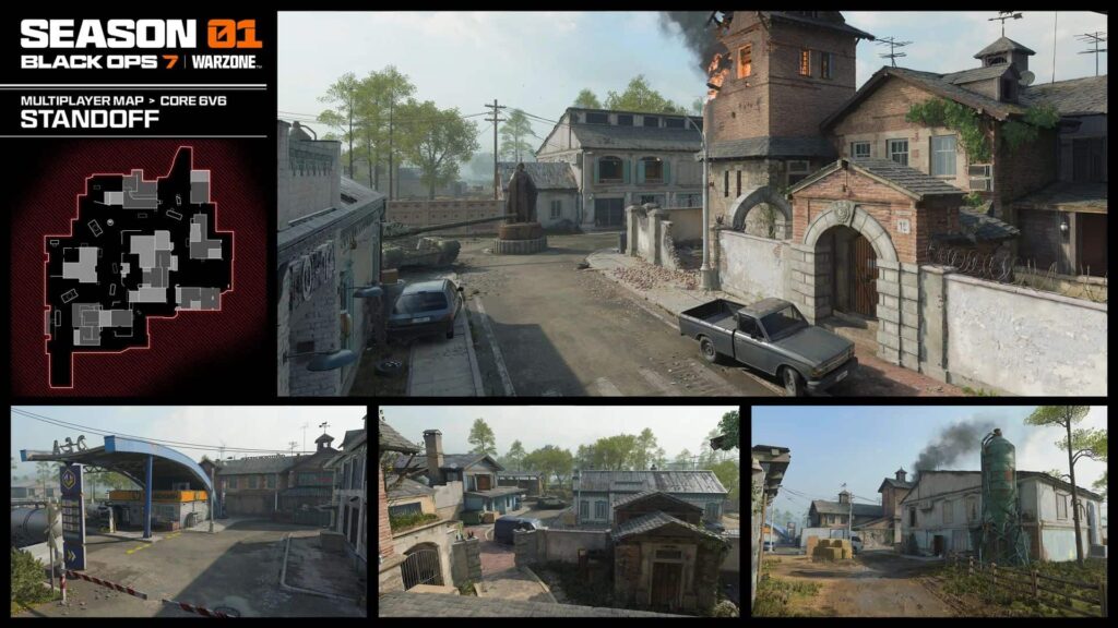 Rural combat zone from the Standoff multiplayer map in Call of Duty: Black Ops 7