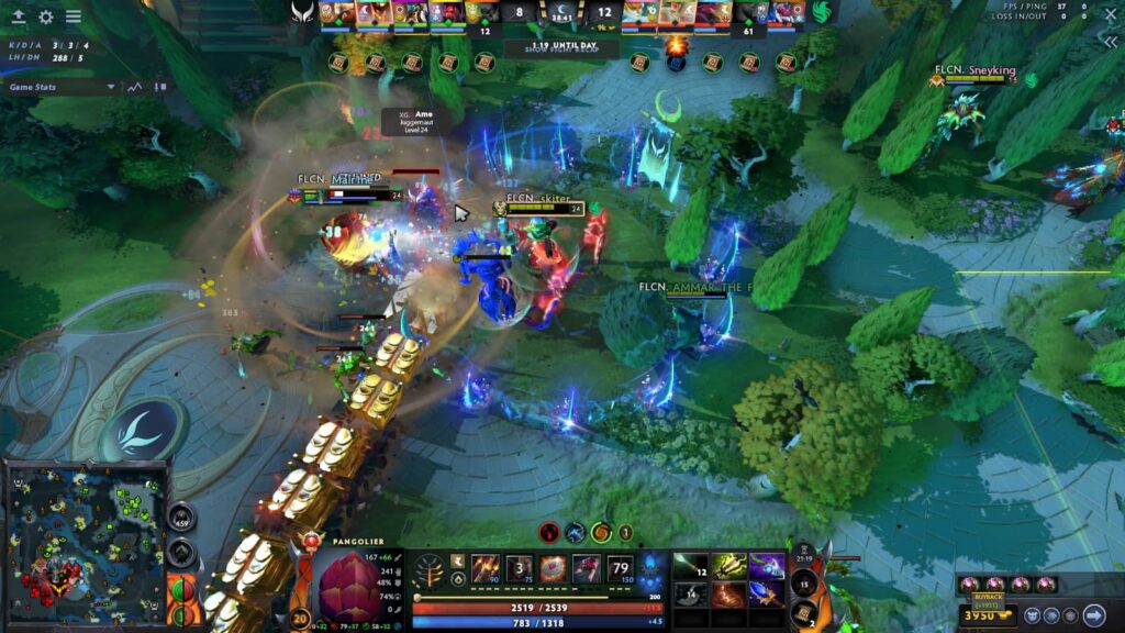 Pangolier disrupts a late-game teamfight with Rolling Thunder during a professional match in Dota 2