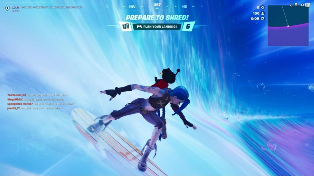 A Fortnite character surfs the Chapter 7 tidal wave before launching into their landing