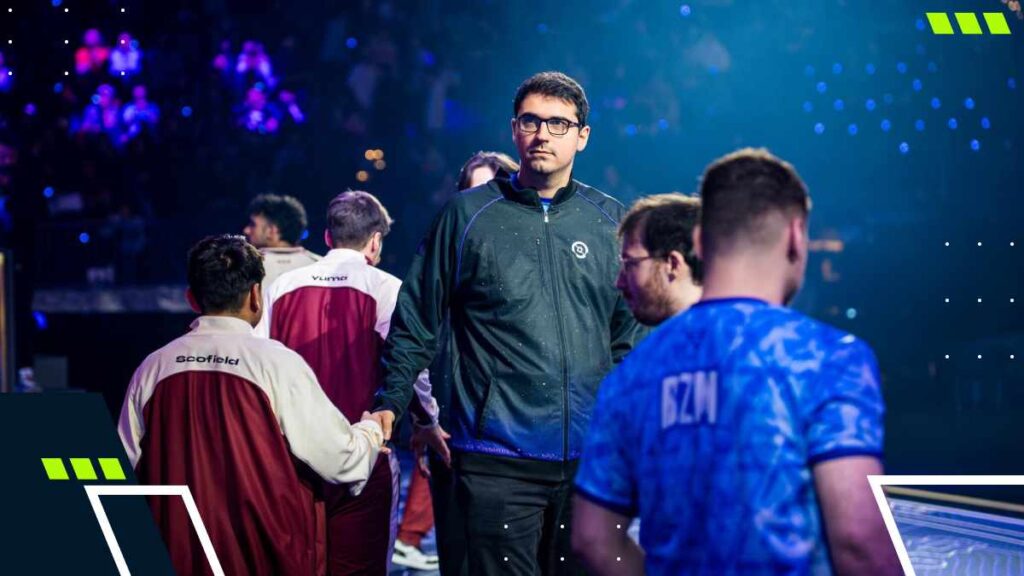 Dota 2 professional players shaking hands on stage after a competitive match during the 2025 season