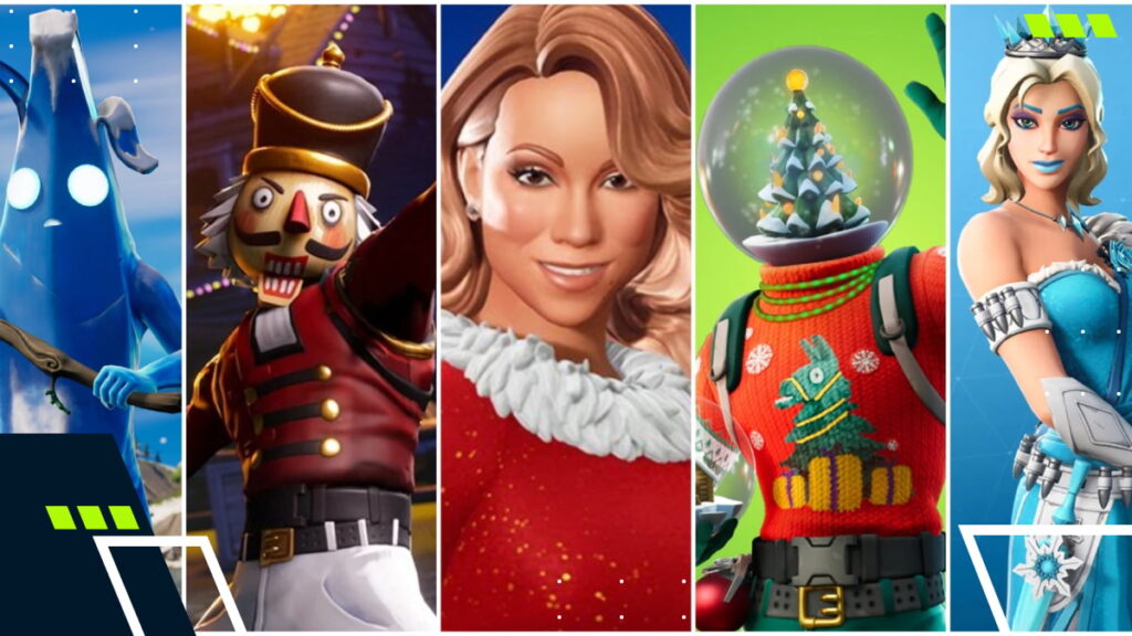A selection of popular Christmas skins showcased together in Fortnite