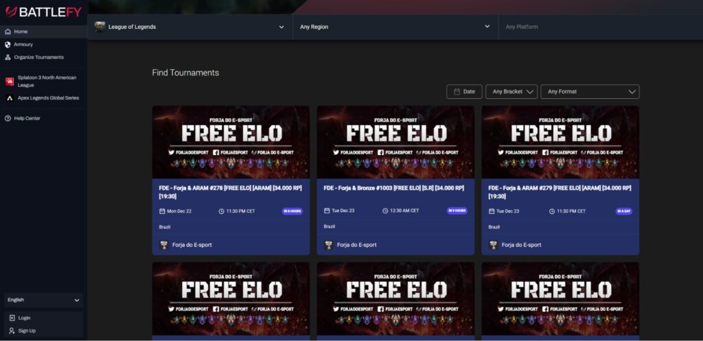 An online platform displays multiple upcoming tournaments available for Esports Team participation