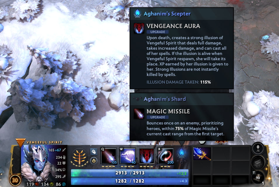 A Dota 2 screenshot showing Vengeful Spirit’s Aghanim’s Scepter upgrade that allows her to return as a powerful illusion after death