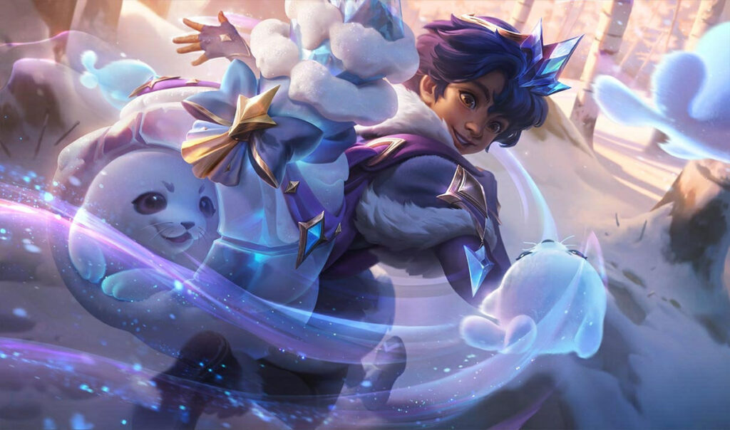 Winter Wonder Milio in League of Legends uses icy magic alongside adorable winter spirits