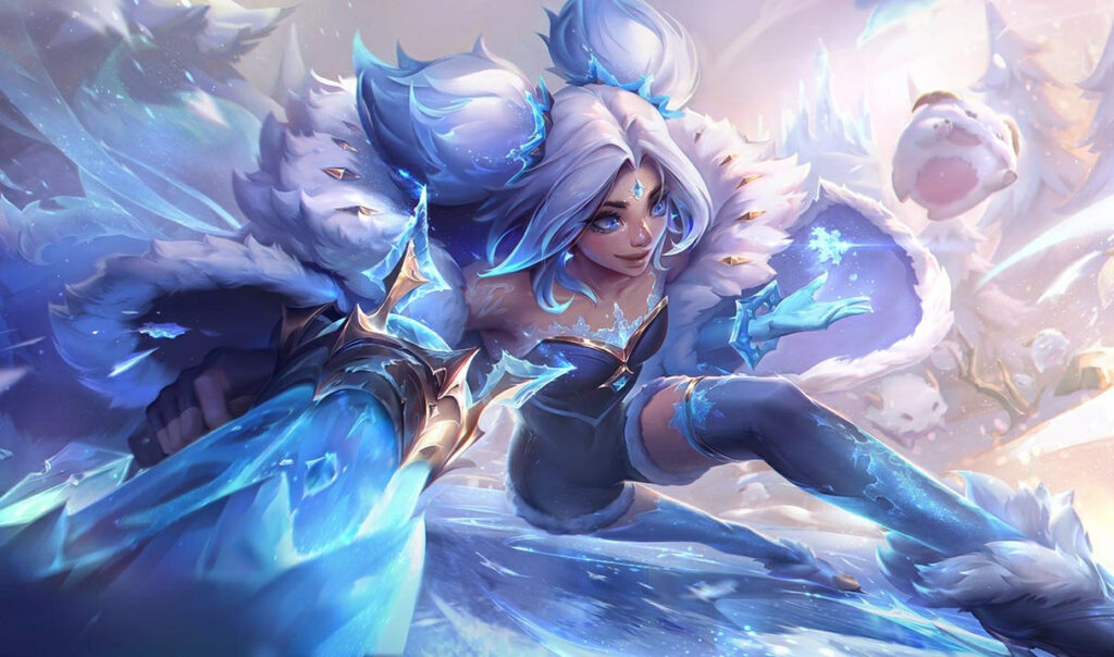Winterblessed Zeri in League of Legends unleashes icy magic with glowing blue effects and winter-themed armor