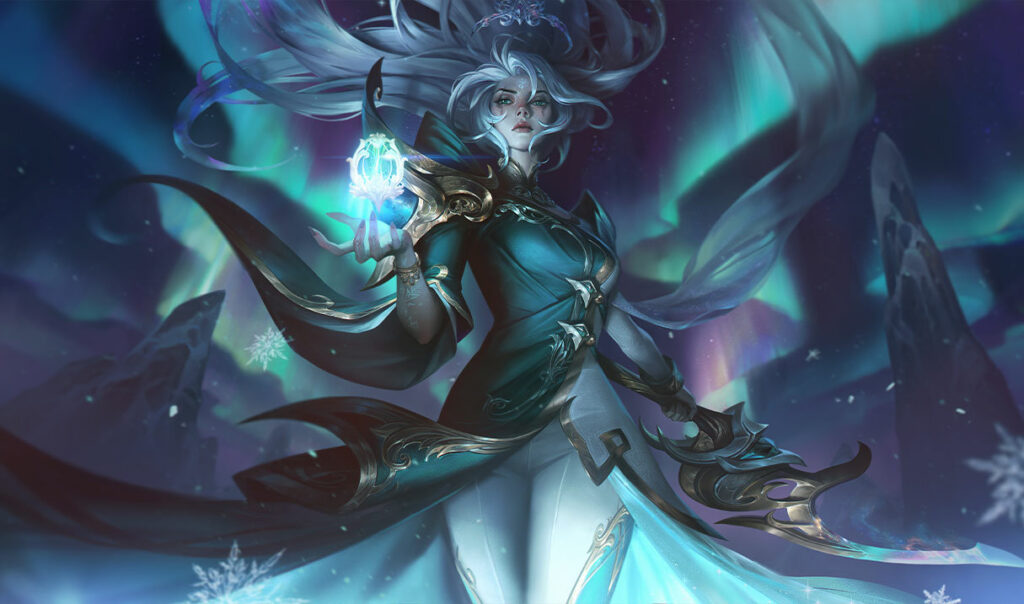 Winterblessed Diana stands beneath the aurora, channeling icy magic in a League of Legends winter skin