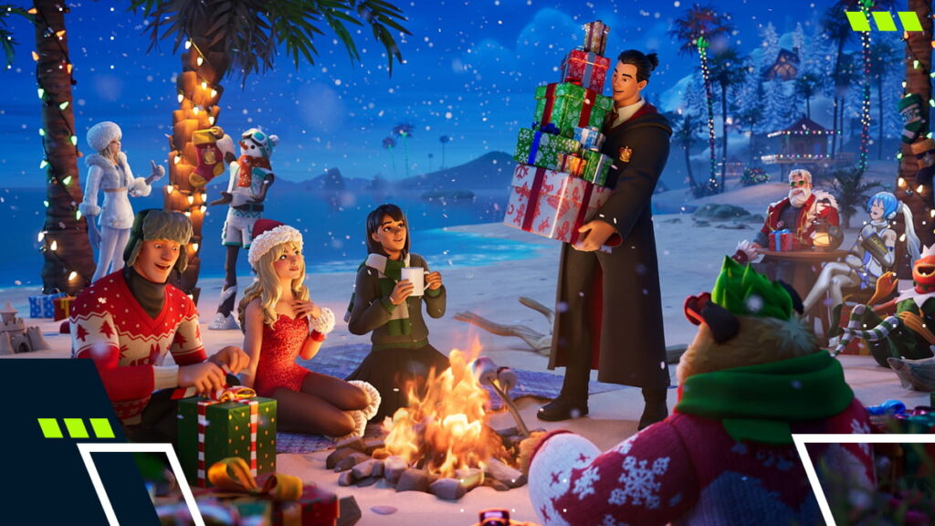 Fortnite Winterfest characters gather at the lodge opening holiday presents by the campfire