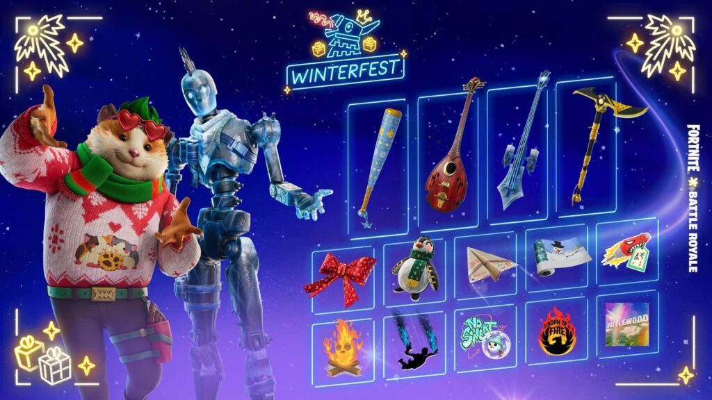 Fortnite Winterfest 2025 rewards showcase featuring free skins, instruments, emotes, and cosmetics