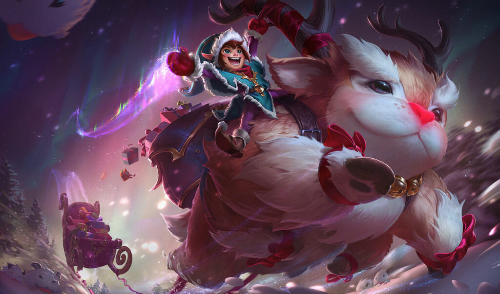 Ambitious Elf Jinx rides into battle in League of Legends with festive toys, gifts, and chaotic Christmas energy