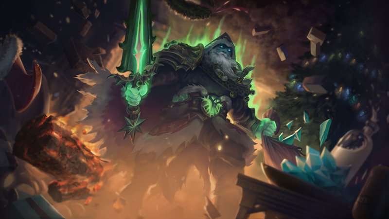 Wraith King unleashing green spectral power amid shattered festive decor in Dota 2’s Frostivus setting