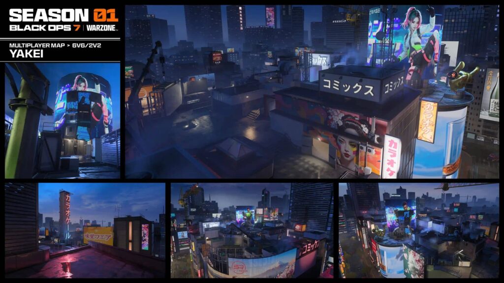 Neon-lit rooftop district from the Yakei multiplayer map in Call of Duty: Black Ops 7