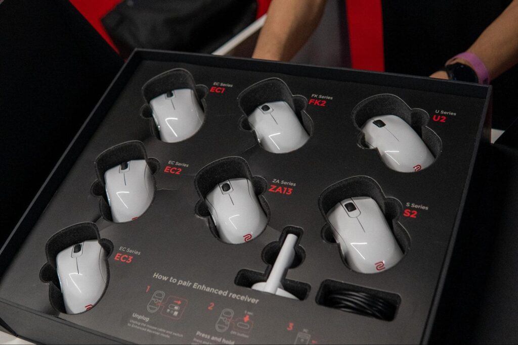 A display of ZOWIE gaming mice models presented during the StarLadder Budapest Major media tour