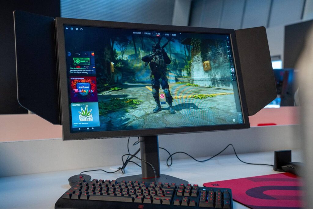 A ZOWIE gaming monitor running CS2 at a player station during the StarLadder Budapest Major